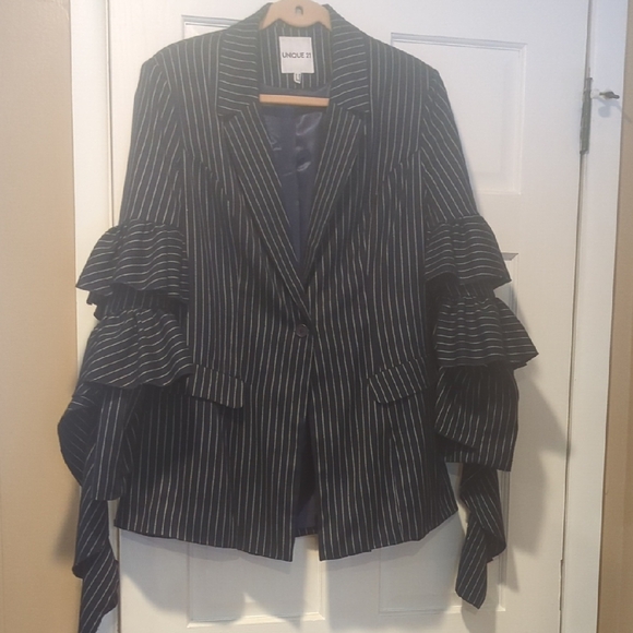 Unique 21 Jackets & Blazers - Unique 21 Black Striped Women's Blazer with Ruffle Detail